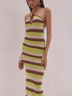 Striped Halter Maxi Dress in Green & Brown